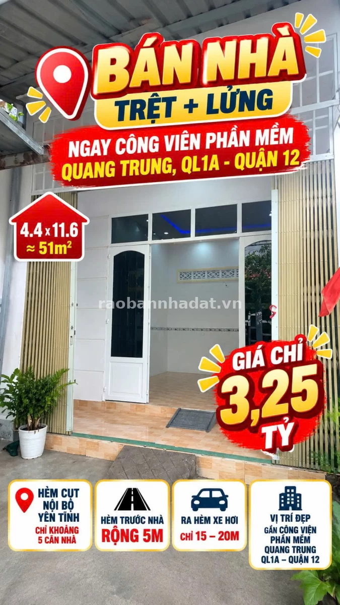 Bán nhà 51m2 trệt lửng ngay CVPM Quang Trung Q12 hẻm 5m giá 3.25tỷ, Phường Trung Mỹ Tây, Thành phố Hồ Chí Minh