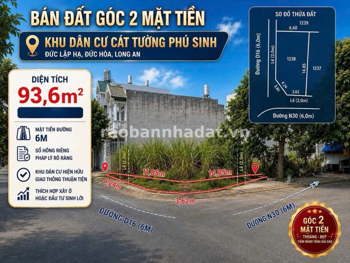BÁN ĐẤT ĐỨC HOÀ TỈNH TÂY NINH - DT 93,6 M2 - SHR - 2TỶ050TR. LH:0903974577, Xã Đức Lập, Tây Ninh