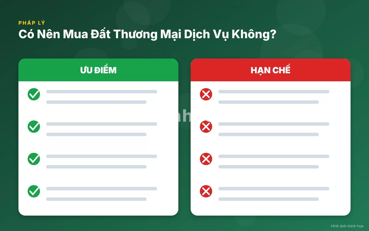 Infographic trực quan tóm tắt bảng so sánh ưu nhược điểm khi đầu tư đất thương mại dịch vụ