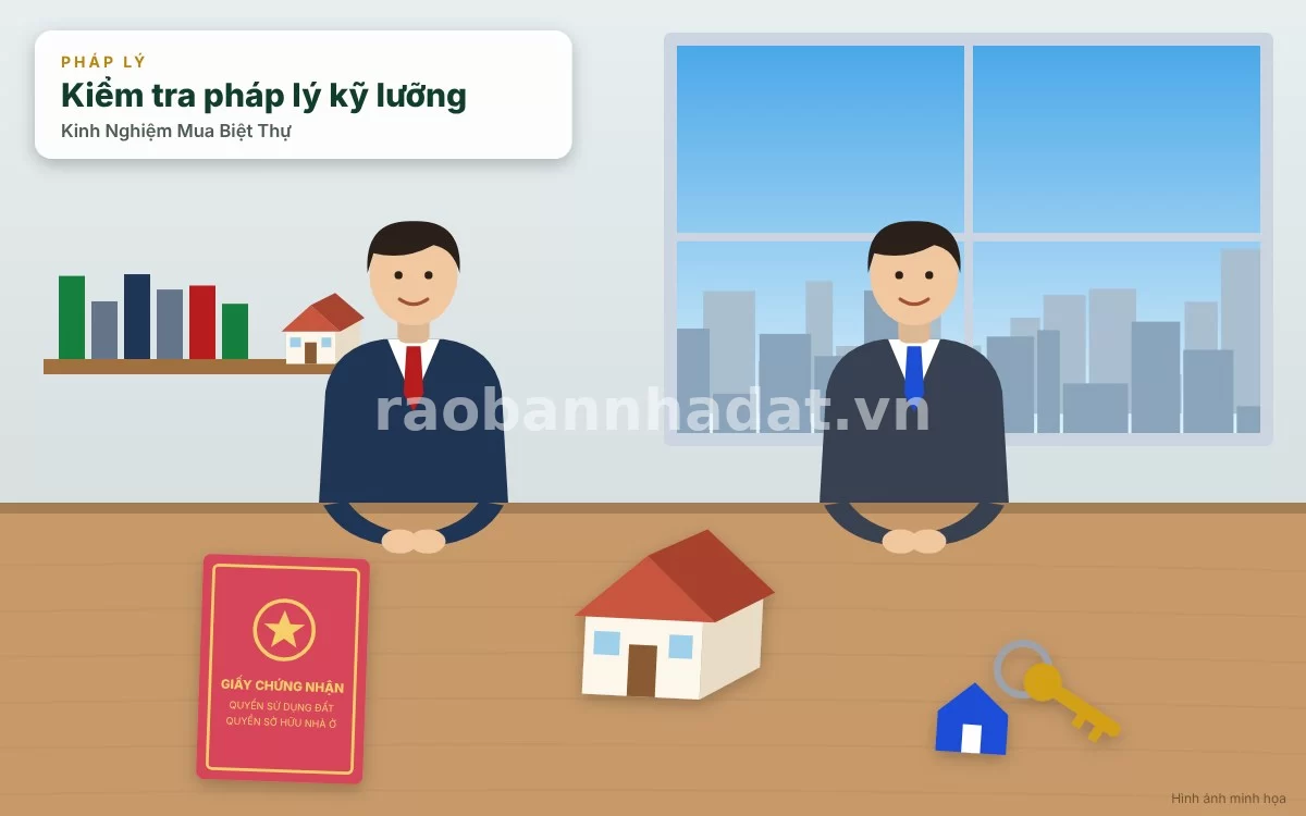 Khách hàng và chuyên gia pháp lý đang kiểm tra cẩn thận hồ sơ sổ hồng và hợp đồng mua bán biệt thự