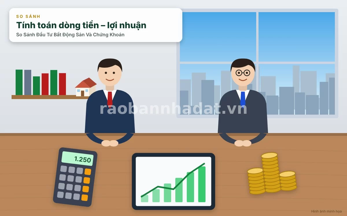 Chuyên gia tài chính đang phân tích và so sánh hai kênh đầu tư bất động sản và chứng khoán trên máy tính