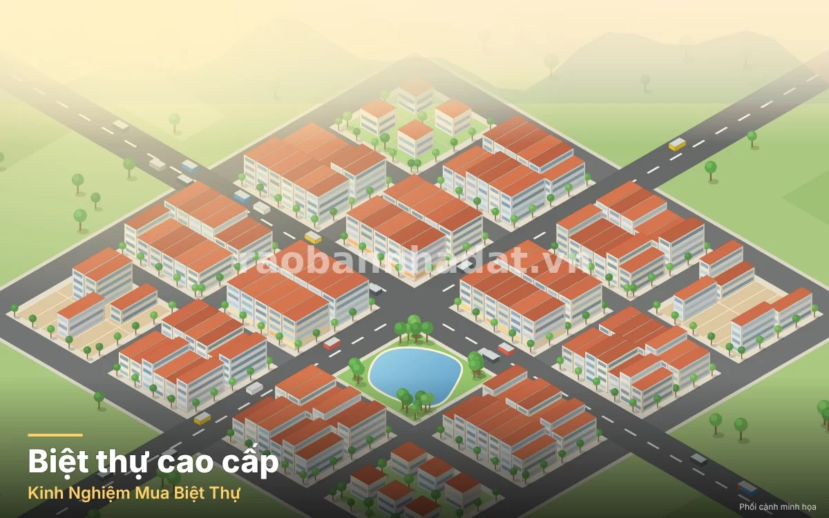 Toàn cảnh khu biệt thự cao cấp sang trọng với kiến trúc hiện đại và không gian xanh mát bên hồ nước