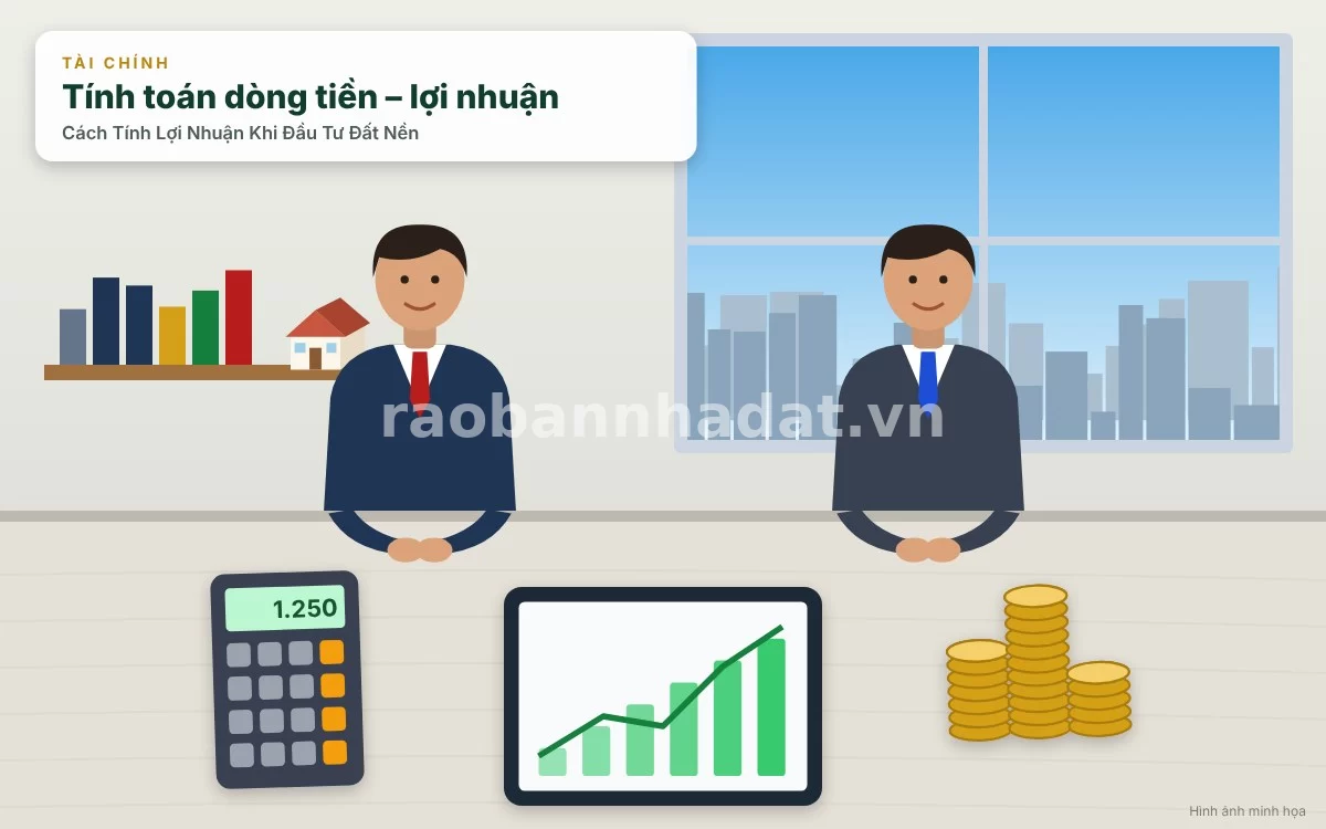 Chuyên gia tài chính đang hướng dẫn khách hàng cách tính toán lợi nhuận và chi phí đầu tư đất nền trên máy tính