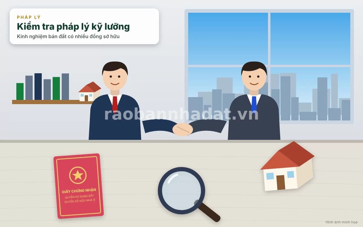 Chủ nhà và khách mua làm việc minh bạch, xem xét hồ sơ pháp lý đất đồng sở hữu tại văn phòng