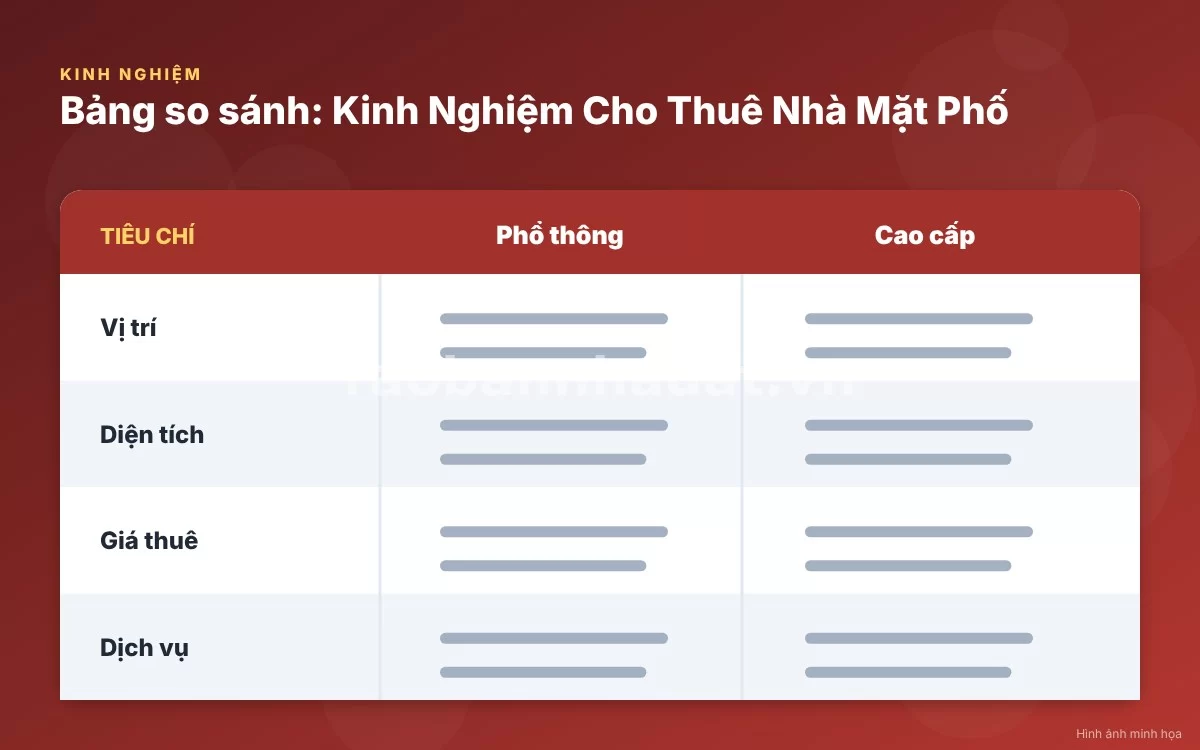 Bảng so sánh chi tiết các phân khúc nhà mặt phố cho thuê và biên độ giá