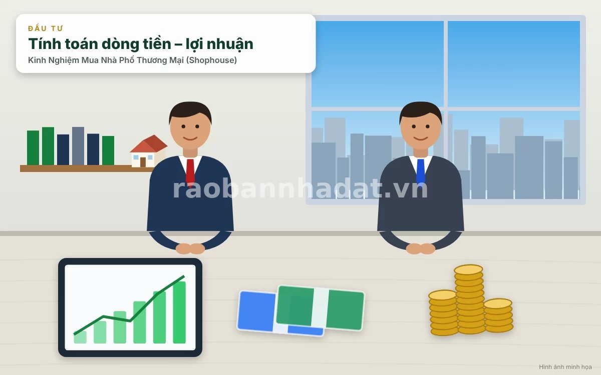 Chuyên gia tài chính đang tư vấn dòng tiền và phân tích rủi ro đầu tư nhà phố thương mại cho khách hàng