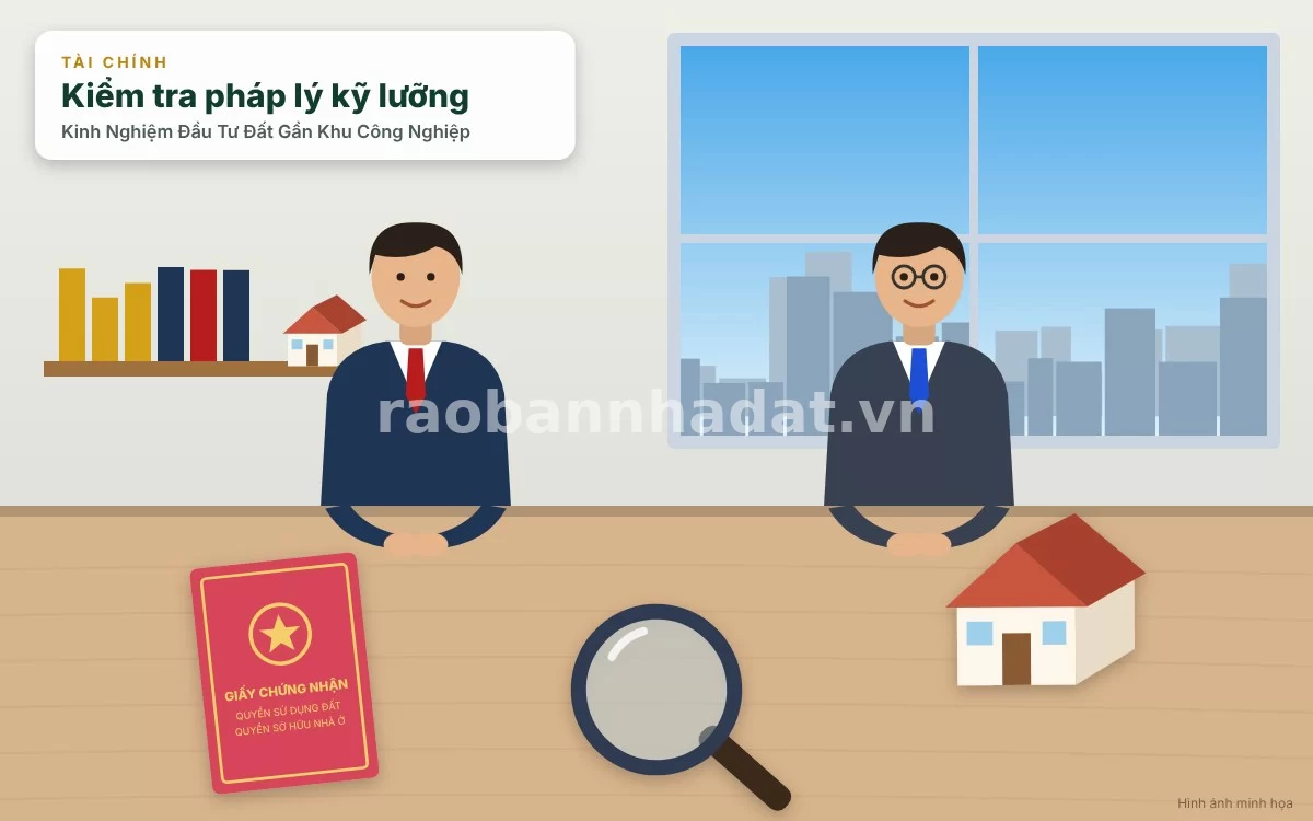 Nhà đầu tư đang kiểm tra cẩn thận hồ sơ pháp lý và bản đồ quy hoạch đất gần khu công nghiệp cùng chuyên gia