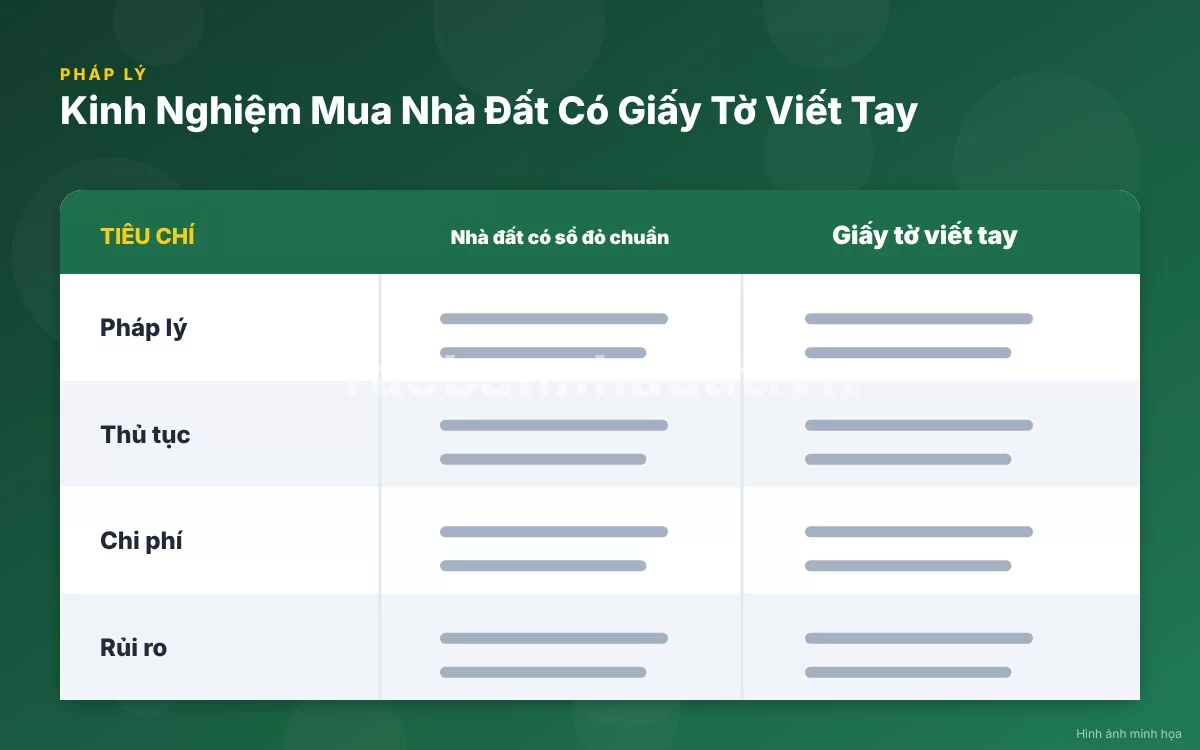 Infographic trực quan tóm tắt bảng so sánh mức độ rủi ro giữa nhà có sổ đỏ và giấy viết tay
