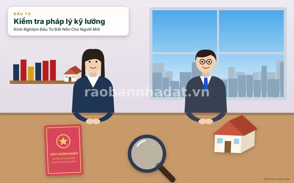 Chuyên viên pháp lý đang kiểm tra kỹ lưỡng hồ sơ sổ đỏ đất nền tại văn phòng giao dịch