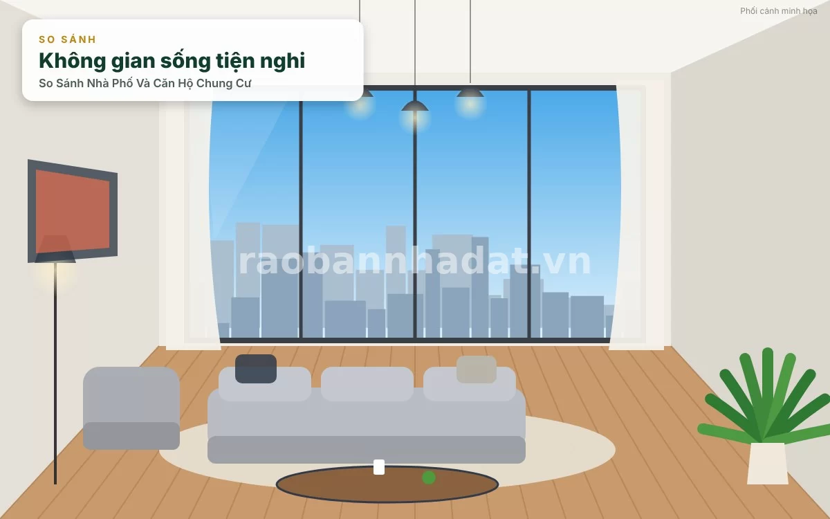 Không gian phòng khách căn hộ chung cư hiện đại, tối giản và ngập tràn ánh sáng tự nhiên