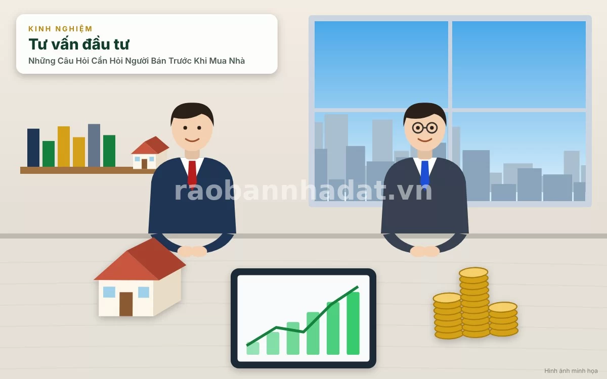 Minh họa cuộc trò chuyện trao đổi giữa người mua và chủ nhà về lịch sử bất động sản