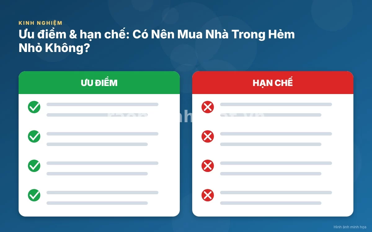 Infographic trực quan tóm tắt bảng so sánh ưu nhược điểm giữa hẻm nhỏ và hẻm lớn ô tô