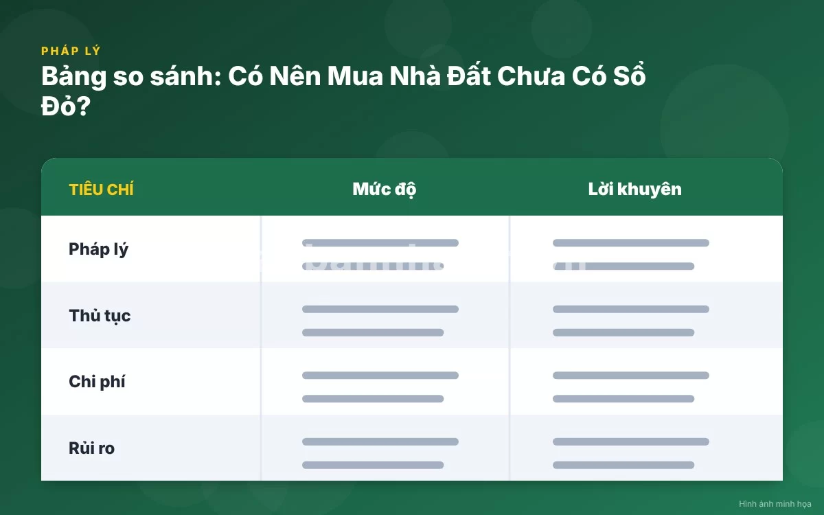 Infographic trực quan tóm tắt bảng so sánh mức độ rủi ro và lời khuyên mua nhà chưa có sổ