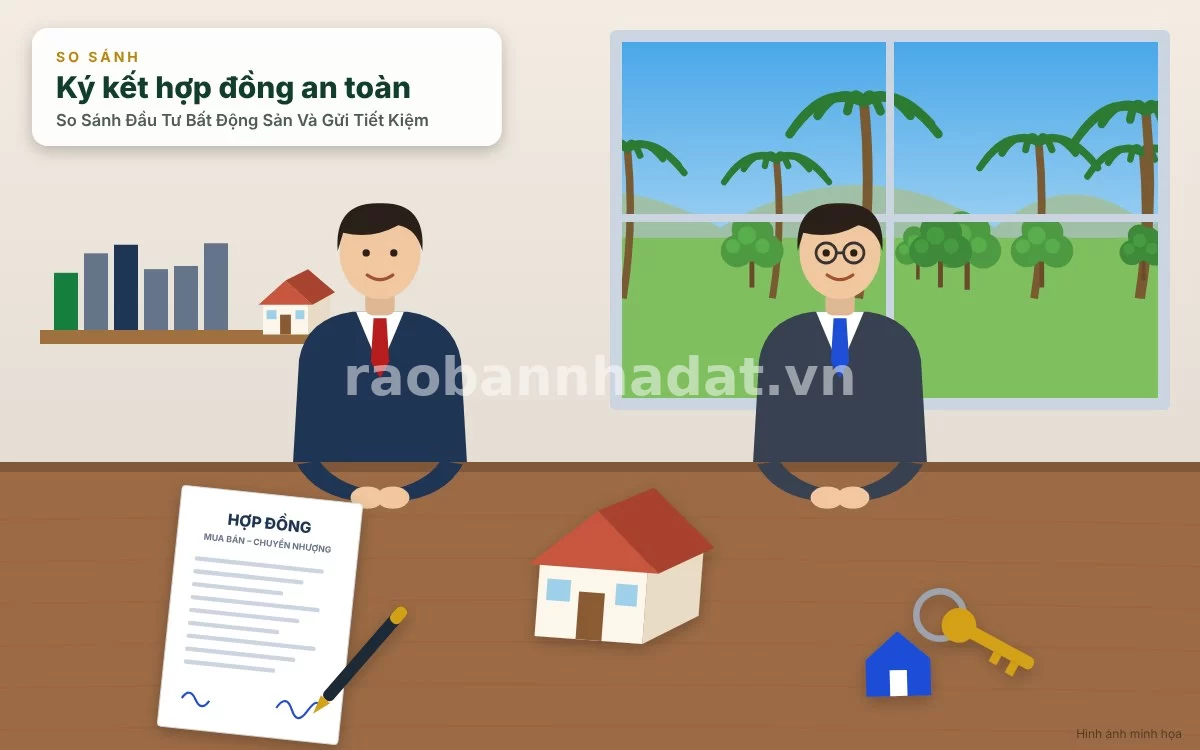Khách hàng đang làm thủ tục gửi tiết kiệm và ký hợp đồng giao dịch bất động sản tại phòng giao dịch