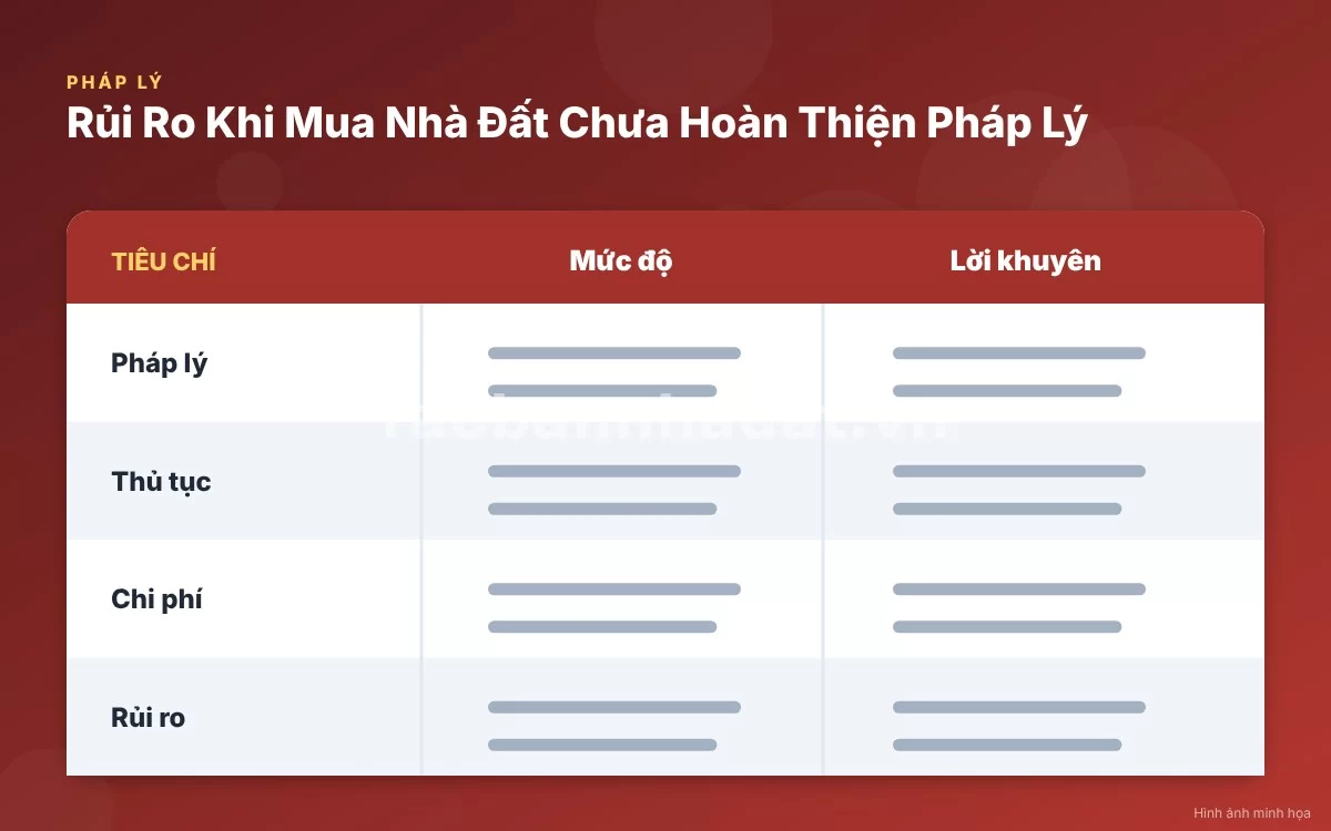 Infographic trực quan tóm tắt bảng so sánh mức độ rủi ro các loại hình nhà đất chưa hoàn thiện pháp lý