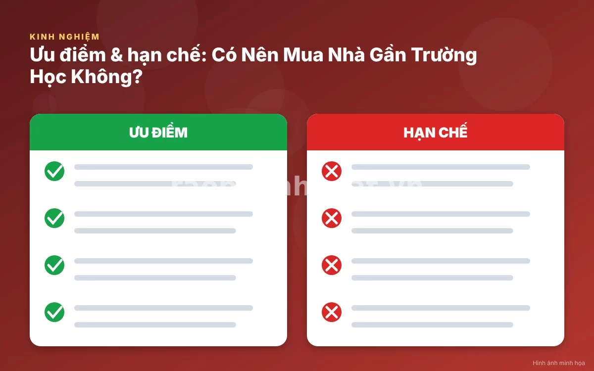 Infographic trực quan tóm tắt bảng so sánh ưu nhược điểm khi mua nhà gần trường học