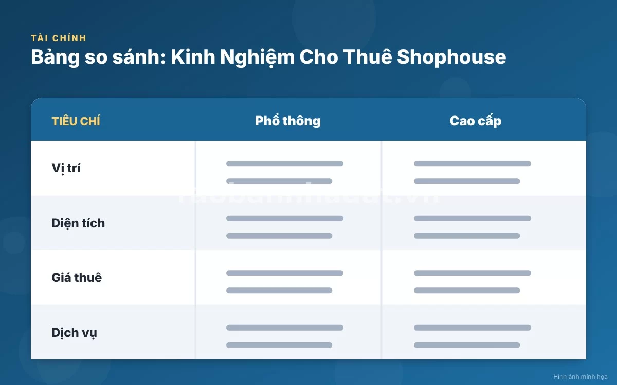 Bảng so sánh chi tiết các phân khúc shophouse cho thuê và biên độ giá