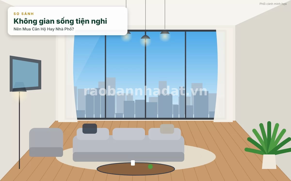 Không gian phòng khách căn hộ chung cư hiện đại, tối giản và ngập tràn ánh sáng tự nhiên