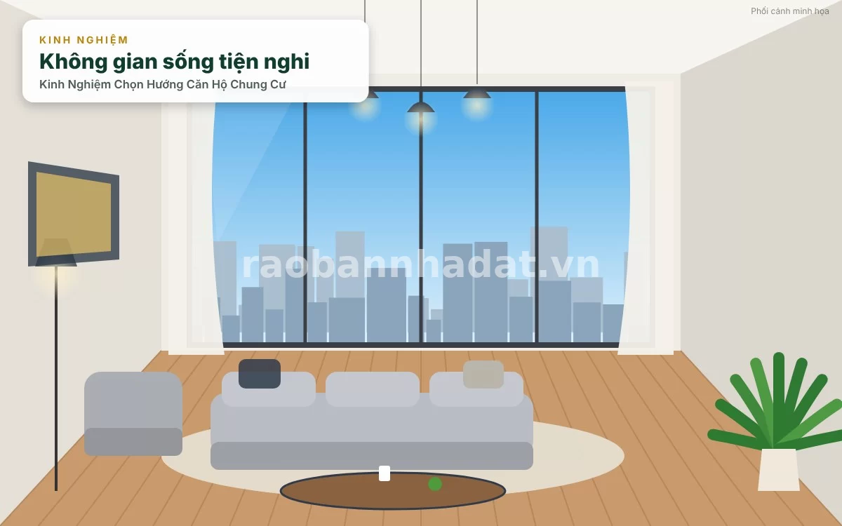 Không gian phòng khách căn hộ hướng Đông Nam ngập tràn ánh sáng dịu nhẹ buổi sáng