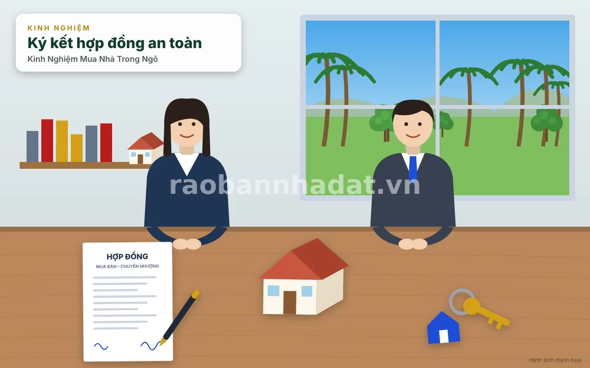 Hình ảnh người mua và chủ nhà đang thảo luận thương lượng giá mua bán nhà trong ngõ