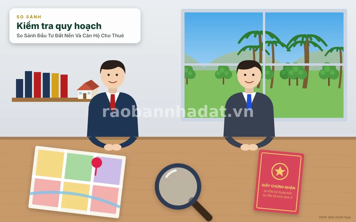 Khách hàng đang nghiên cứu bản đồ quy hoạch đất nền và xem xét căn hộ mẫu tại văn phòng giao dịch