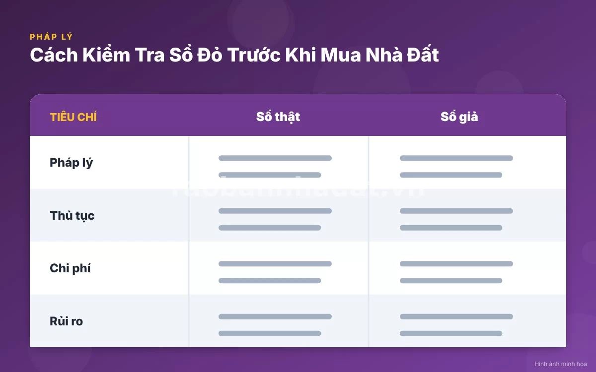 Infographic trực quan tóm tắt bảng so sánh nhận biết sổ đỏ thật và sổ giả