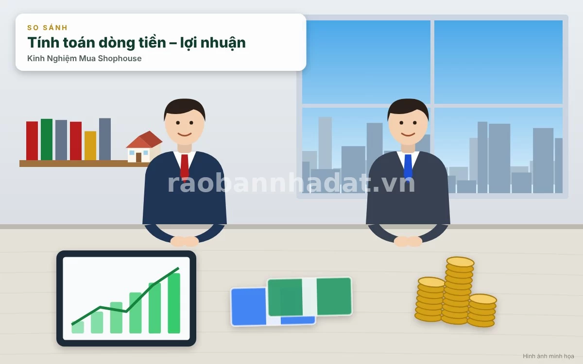 Chuyên gia tài chính đang tư vấn dòng tiền và phân tích rủi ro đầu tư shophouse cho khách hàng