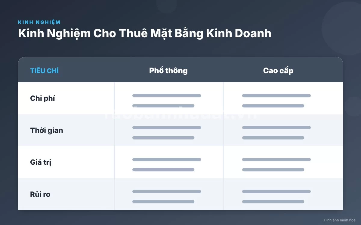 Bảng so sánh chi tiết các phân khúc mặt bằng kinh doanh và biên độ giá