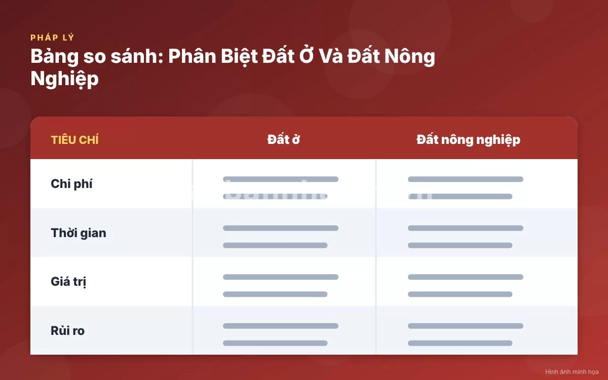 Infographic trực quan tóm tắt bảng so sánh đặc điểm giữa đất ở và đất nông nghiệp