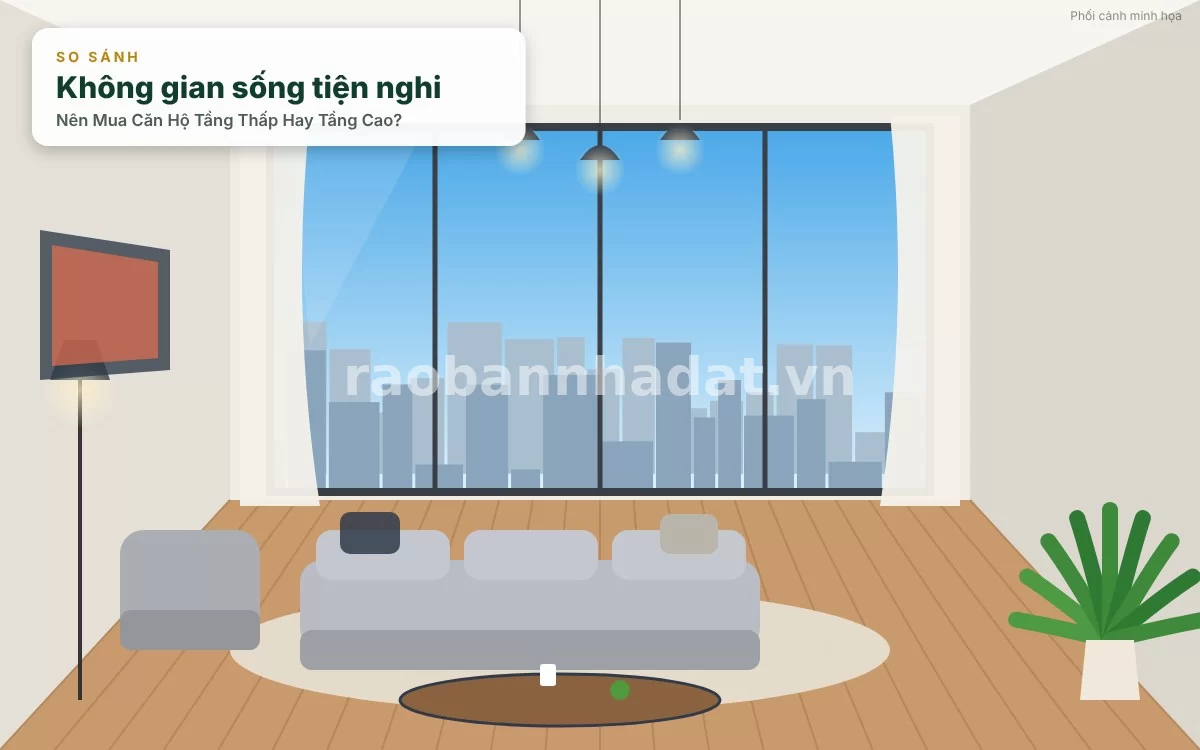 Không gian phòng khách căn hộ tầng thấp ngập tràn ánh sáng với tầm nhìn hướng ra khu vườn xanh mát