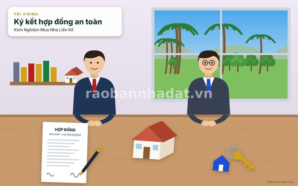 Chuyên gia tài chính đang tư vấn hợp đồng mua bán và kiểm tra hồ sơ pháp lý nhà liền kề cho khách hàng