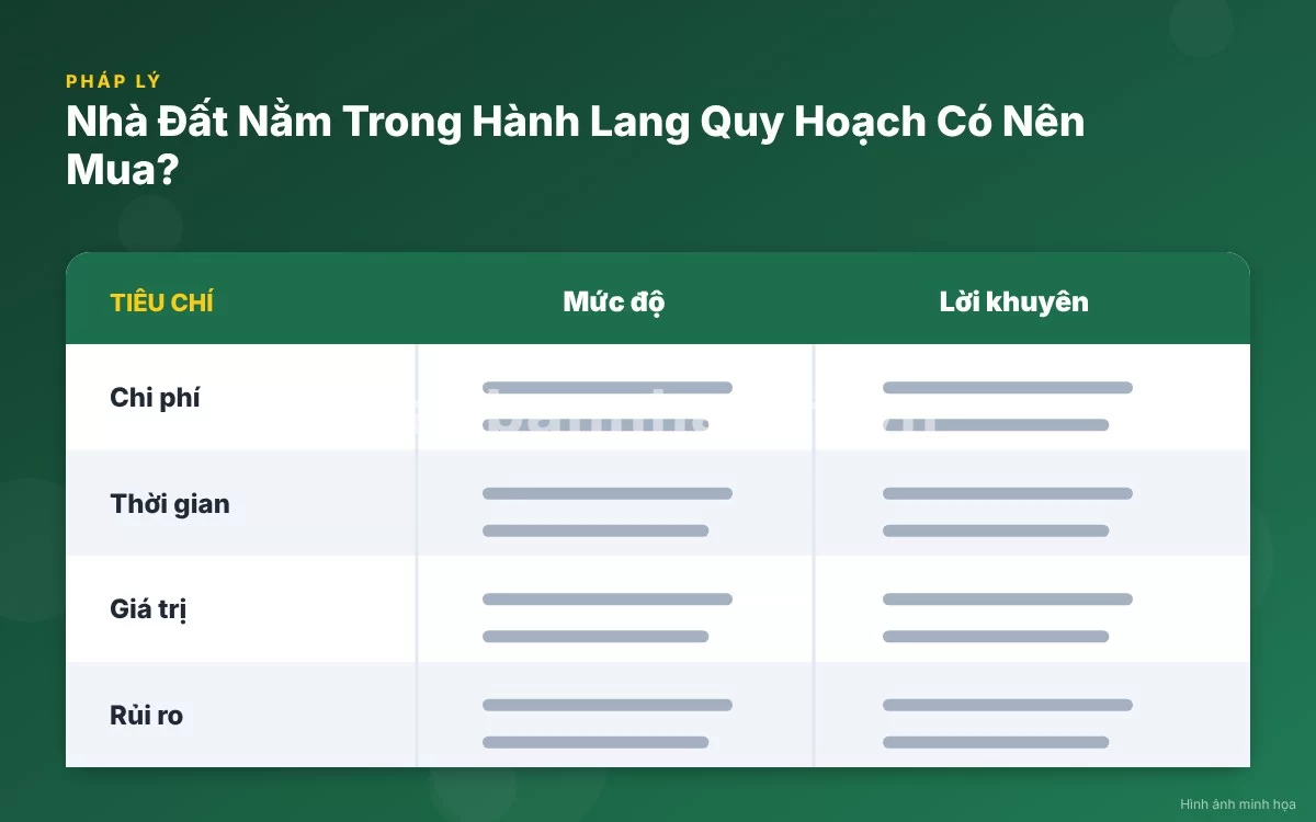 Infographic trực quan tóm tắt bảng so sánh mức độ ảnh hưởng của các loại hành lang quy hoạch