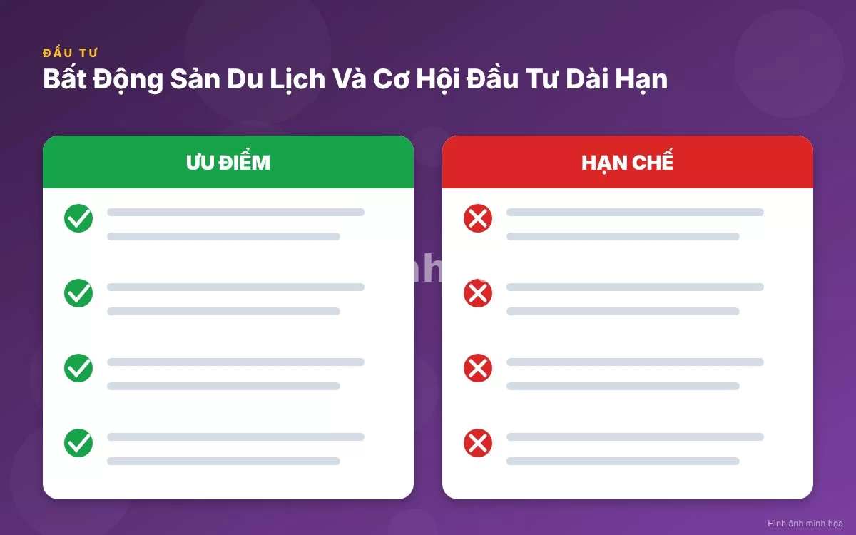 Infographic trực quan tóm tắt bảng so sánh giữa đầu cơ ngắn hạn và đầu tư dài hạn bất động sản du lịch