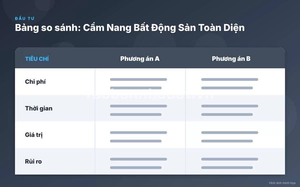 Infographic trực quan tóm tắt bảng so sánh chiến lược cho người mua, người bán và nhà đầu tư bất động sản