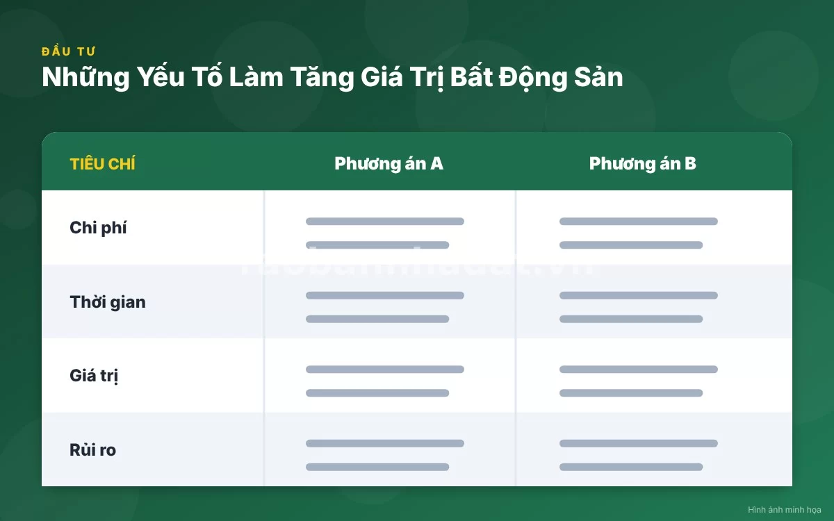 Infographic trực quan tóm tắt bảng so sánh các yếu tố tác động đến tốc độ tăng giá bất động sản