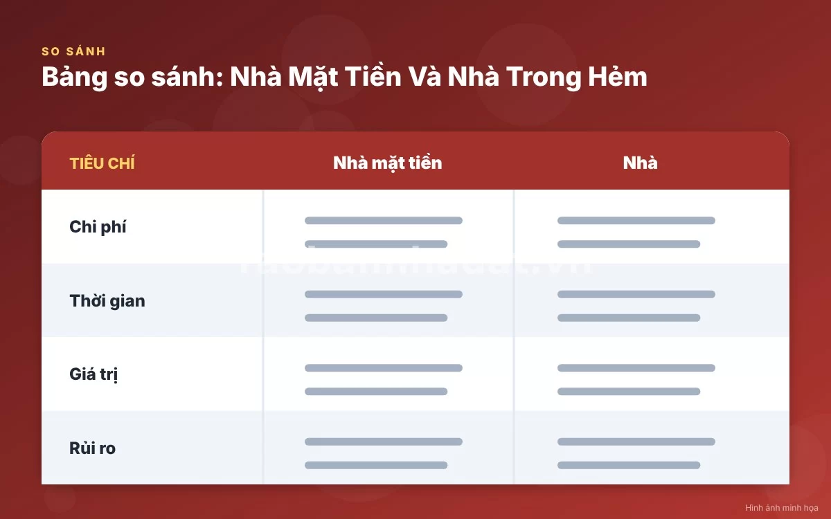 Infographic trực quan tóm tắt bảng so sánh chi tiết giữa nhà mặt tiền và nhà trong hẻm