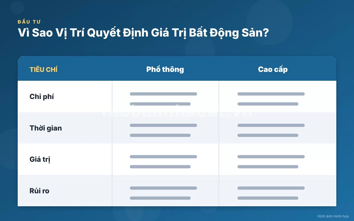 Infographic trực quan tóm tắt bảng so sánh giá trị và thanh khoản theo cấp độ vị trí bất động sản
