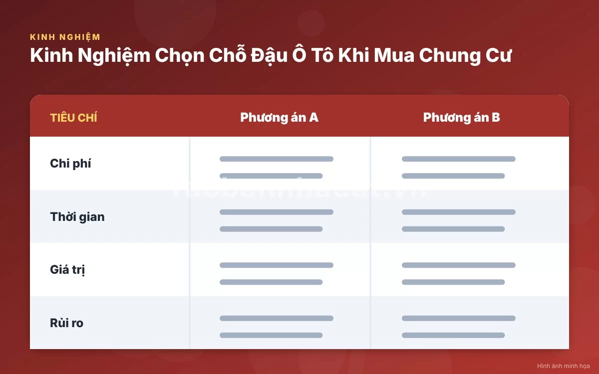 Infographic trực quan tóm tắt bảng so sánh các hình thức quản lý chỗ đậu ô tô chung cư