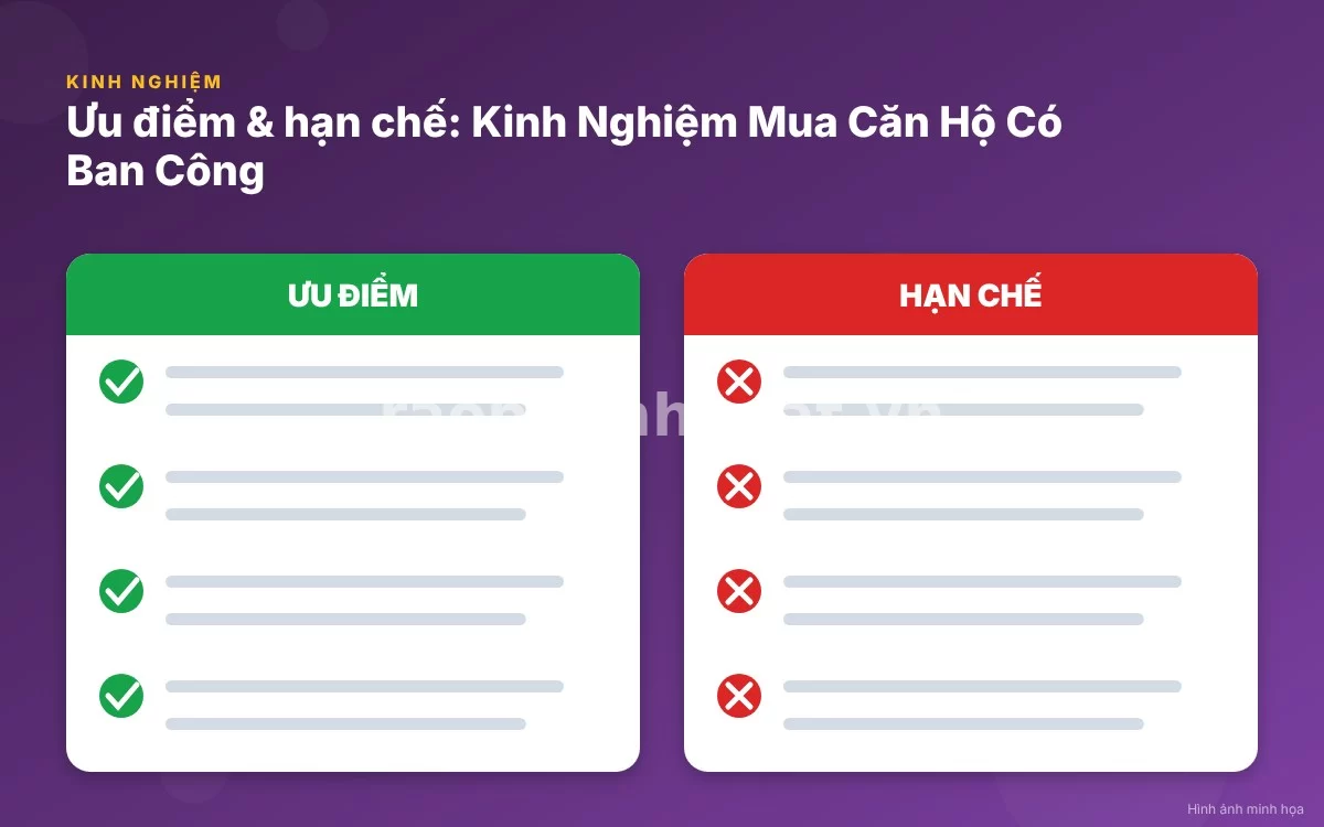 Infographic trực quan tóm tắt bảng so sánh ưu nhược điểm các hướng ban công căn hộ chung cư