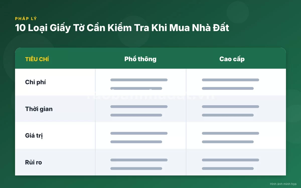 Infographic trực quan tóm tắt bảng so sánh 10 loại giấy tờ cần kiểm tra khi mua nhà đất