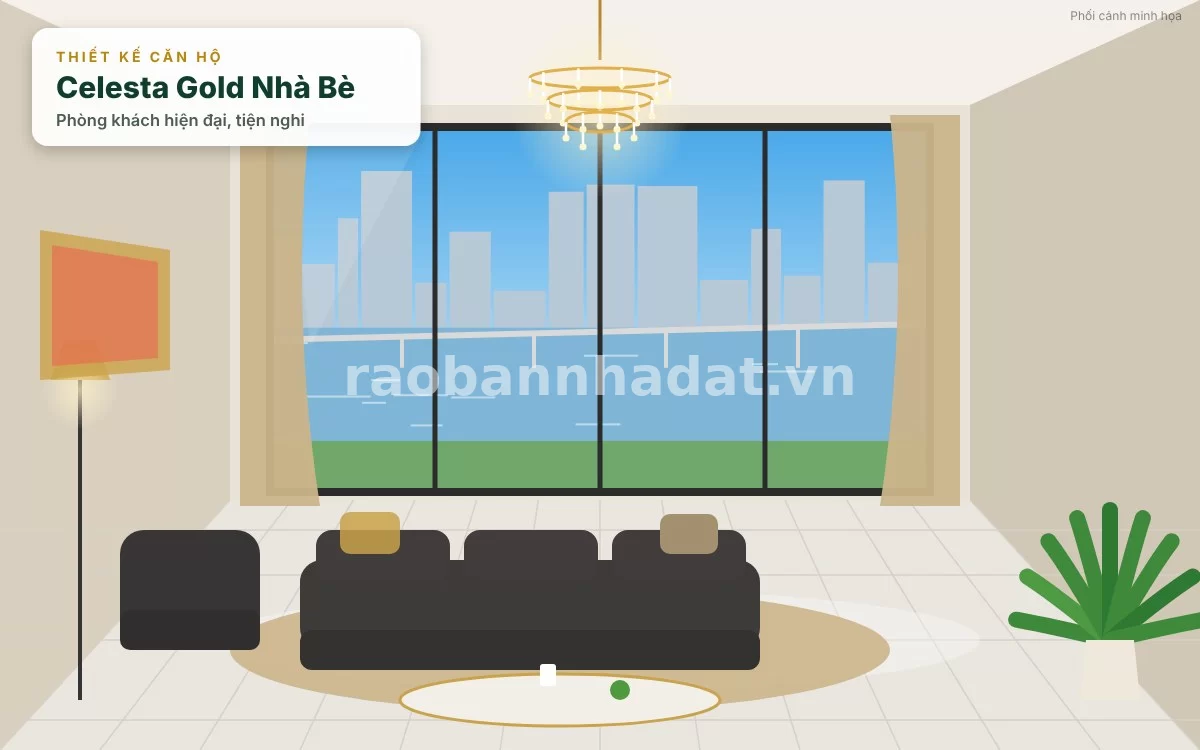 Không gian nội thất phòng khách thực tế căn hộ mẫu sang trọng tại Celesta Gold Nhà Bè