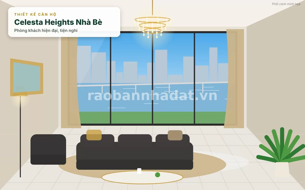 Không gian nội thất phòng khách thực tế căn hộ mẫu sang trọng tại Celesta Heights Nhà Bè