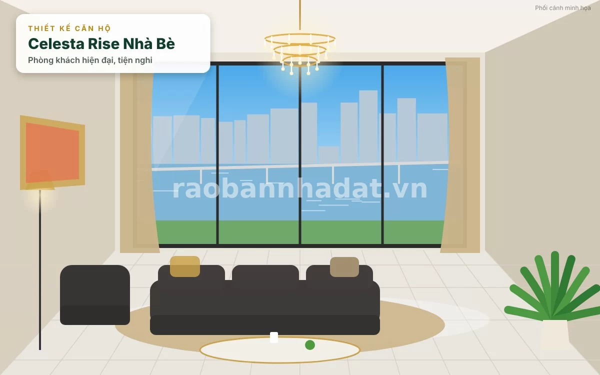 Không gian nội thất phòng khách thực tế căn hộ mẫu sang trọng tại Celesta Rise Nhà Bè