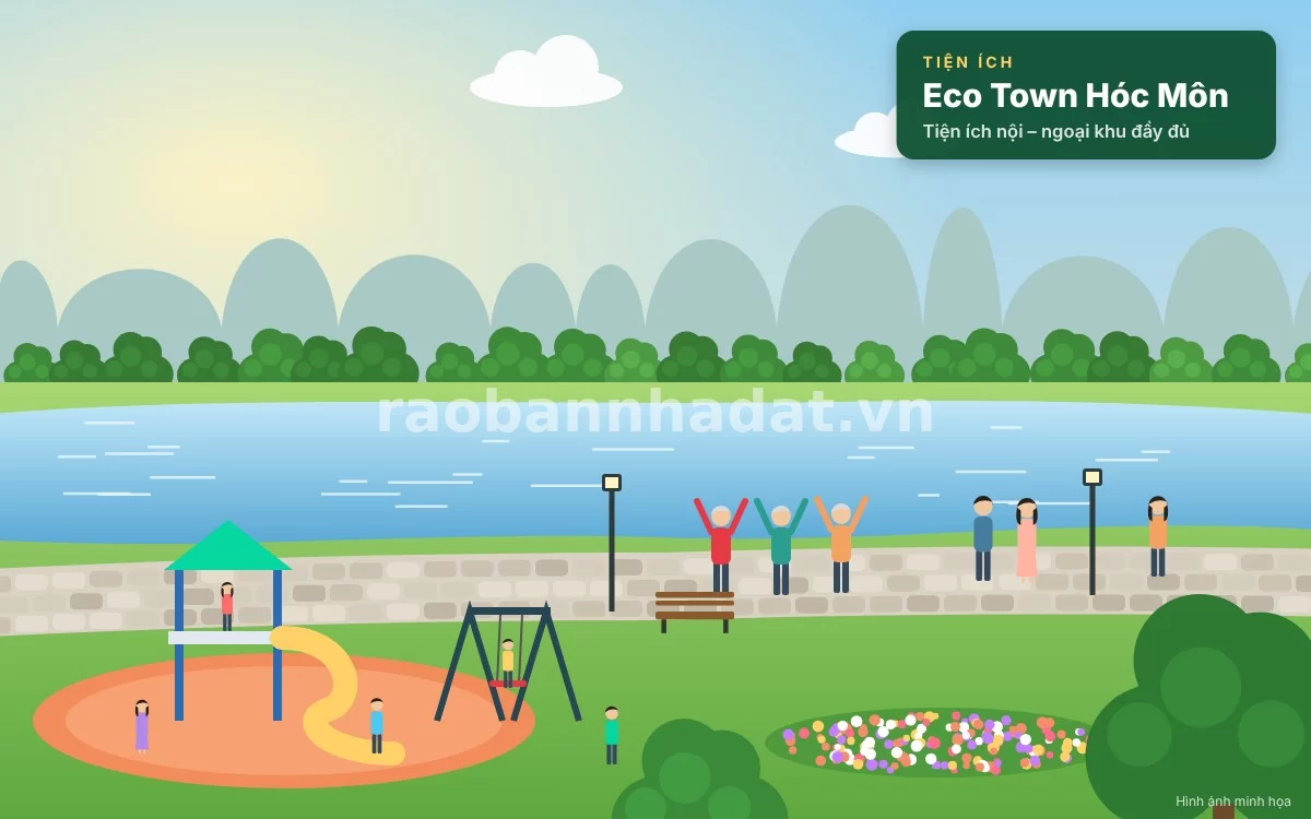 Công viên sinh thái và hồ cảnh quan xanh mát tại khu dân cư Eco Town Hóc Môn