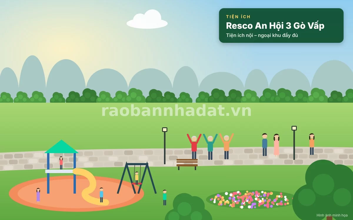 Khuôn viên nội khu xanh mát và tiện ích sinh hoạt tại chung cư Resco An Hội 3