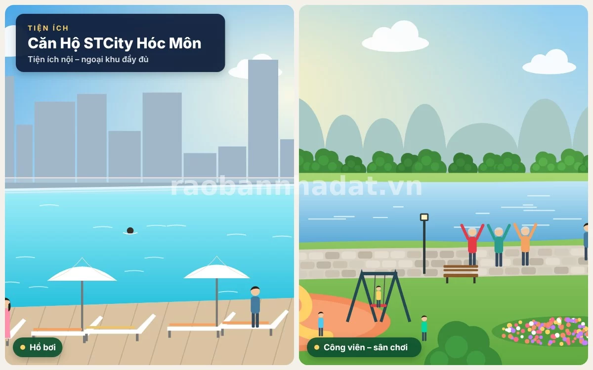Hồ bơi tràn bờ và công viên cây xanh trung tâm tại dự án chung cư STCity Hóc Môn