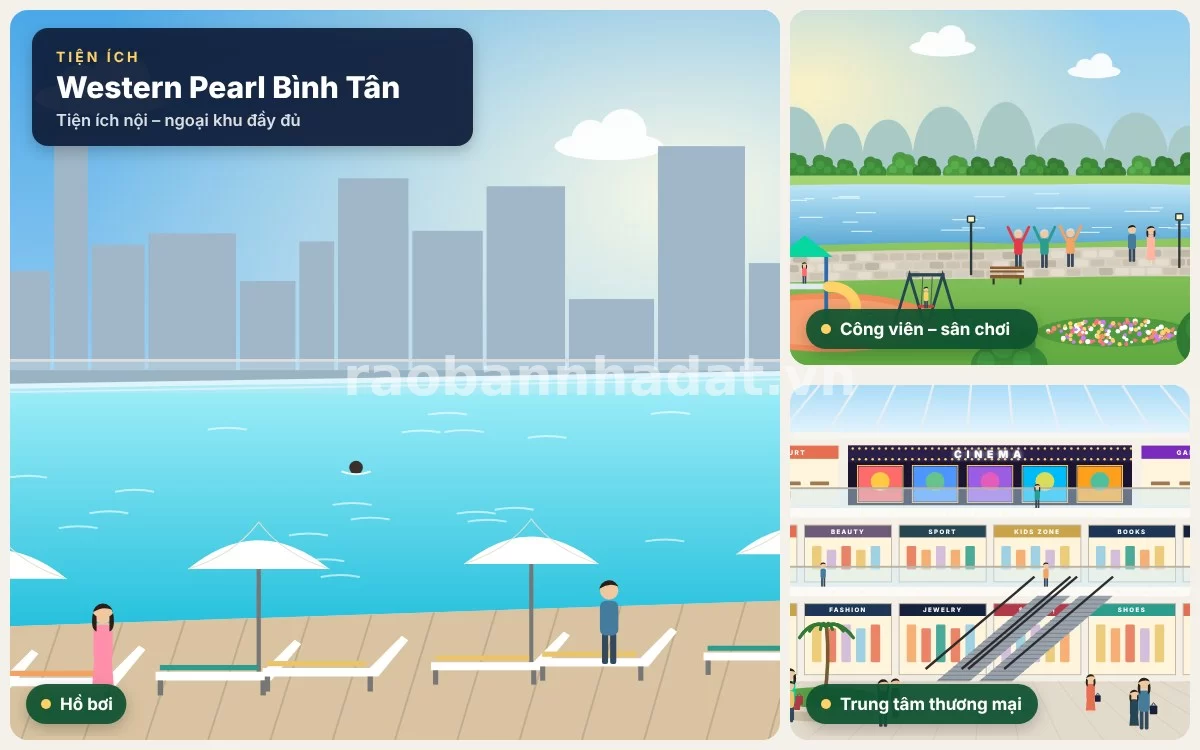 Tiện ích nội khu hồ bơi tràn bờ và công viên cảnh quan tại Western Pearl